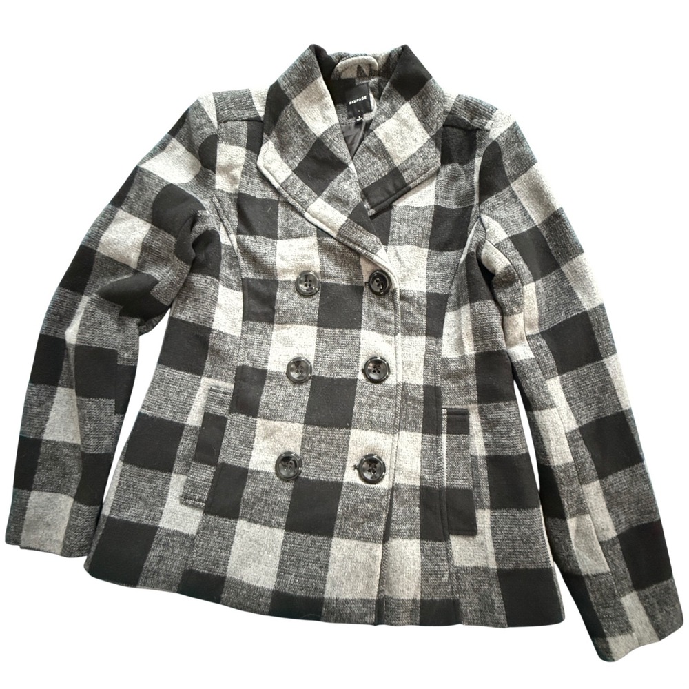 Rampage Womens Double Breasted Plaid Wool Blend Coat Black‎ Gray Size L